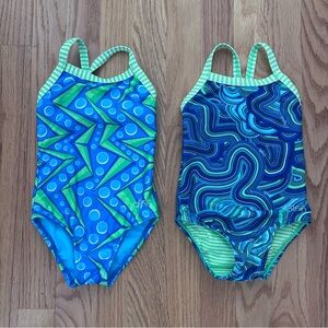 Dolfin Toddler Girls Swimsuit Bundle 2T Blue Green One Piece Swimwear (2)
